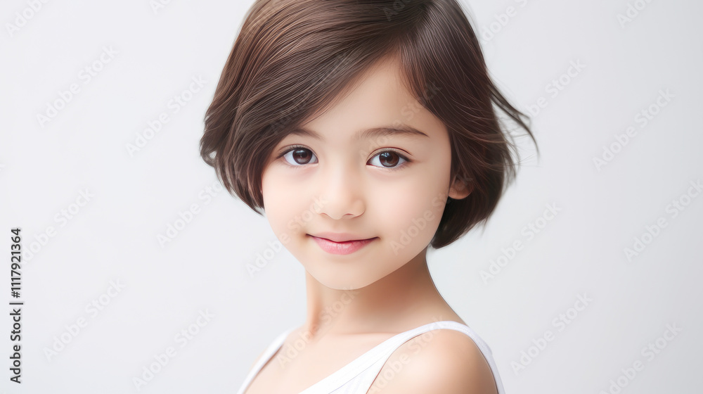 Portrait of smiling asian girl child with short hair creamy white background. Portrait of smiling asian girl child with short hair creamy white background.