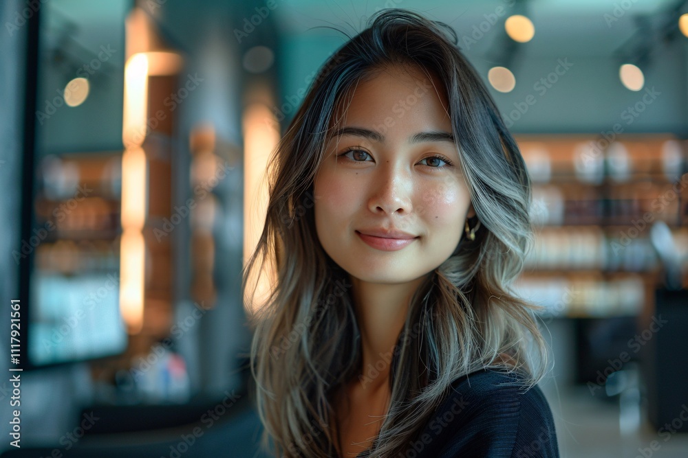 A young woman with long, wavy hair is smiling while sitting in a stylish indoor space filled with light. The background features shelves that create a cozy atmosphere A young woman with long, wavy hair is smiling while sitting in a stylish indoor space filled with light. The background features shelves that create a cozy atmosphere