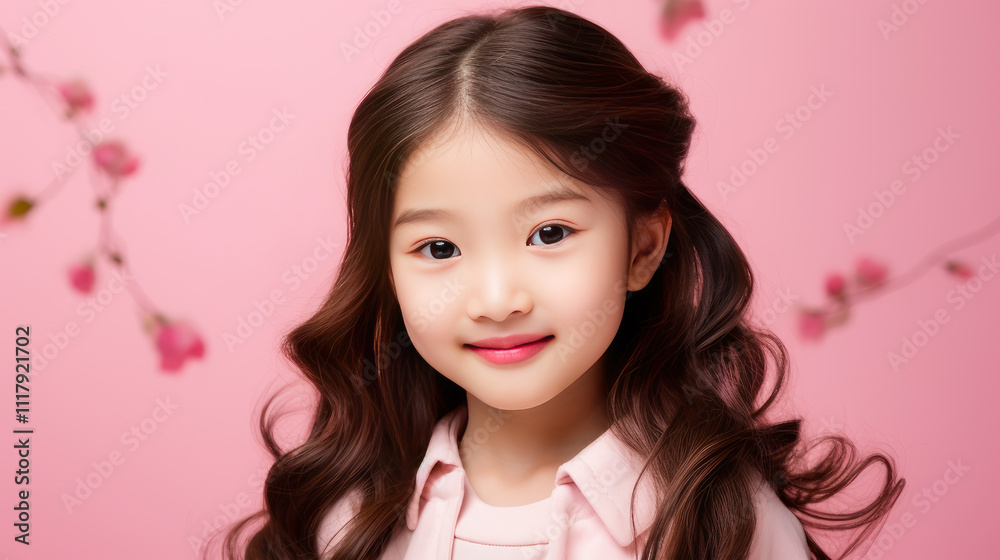 Portrait of smiling asian girl child with long white hair creamy pink background. Portrait of smiling asian girl child with long white hair creamy pink background.