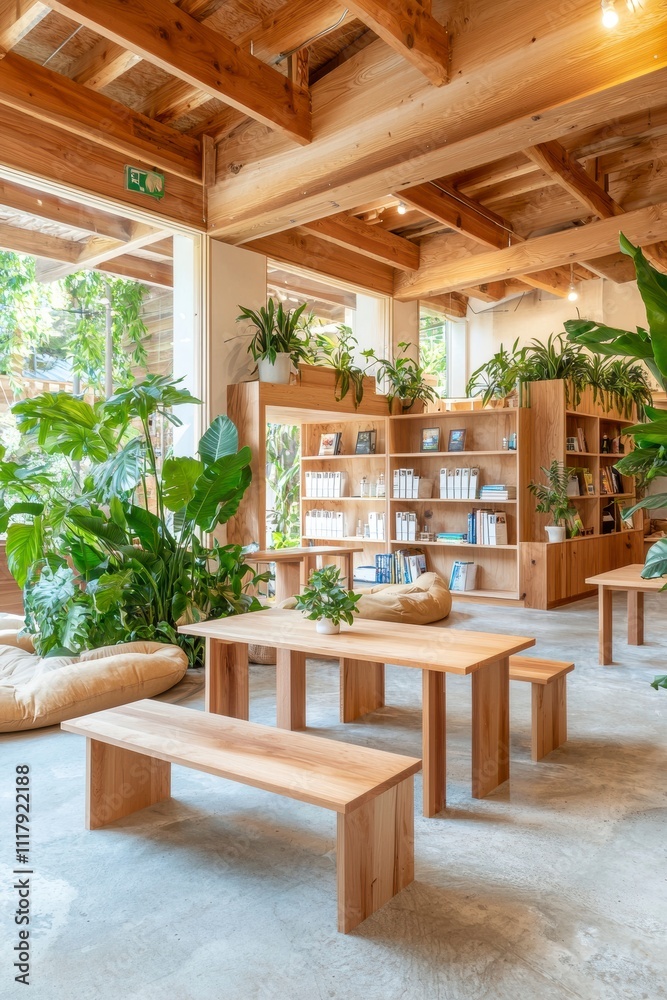 Fototapeta premium Modern Wooden Interior with Greenery and Bookshelves.