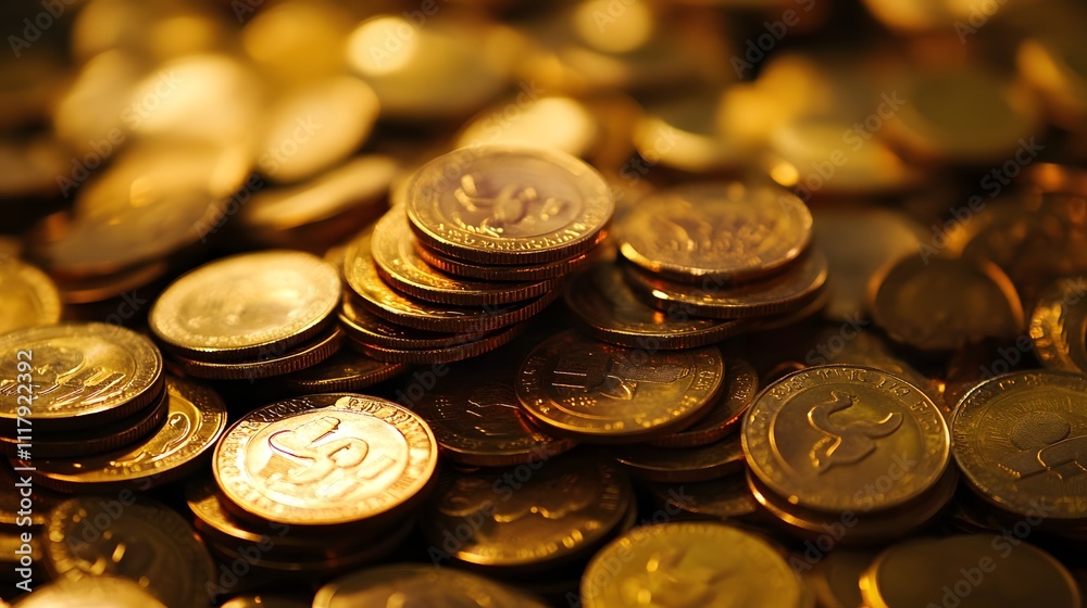 Close-up of a pile of shiny gold coins. (1)