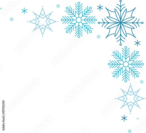 Light blue and turquoise vector snowflakes creating a winter or christmas themed border corner frame on a white background