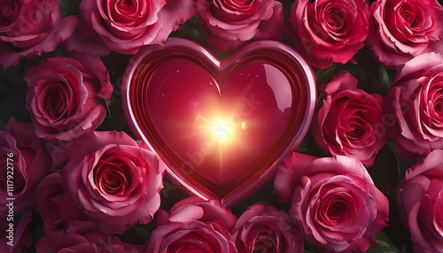 lush roses surrounding a heart with a glowing cente photo