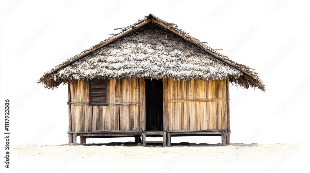 Rustic wooden hut with a thatched roof on sand, showcasing simple architecture with natural materials, isolated on a white background. Rustic wooden hut with a thatched roof on sand, showcasing simple architecture with natural materials, isolated on a white background.