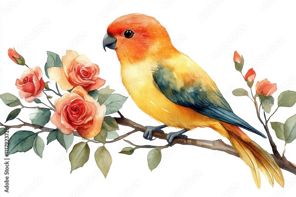 Obraz premium A colorful bird perched on a branch with roses, showcasing nature's beauty.