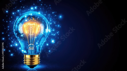 Glowing blue light bulb with sparkling stars on dark background