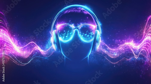 Futuristic neon headphones and sunglasses with music waves on dark background