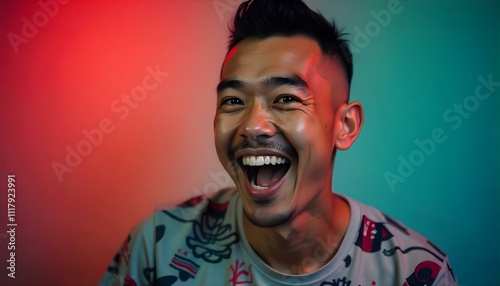 Excited East Asian man with a buzz cut and vibrant colored background lighting enhancing his smile photo