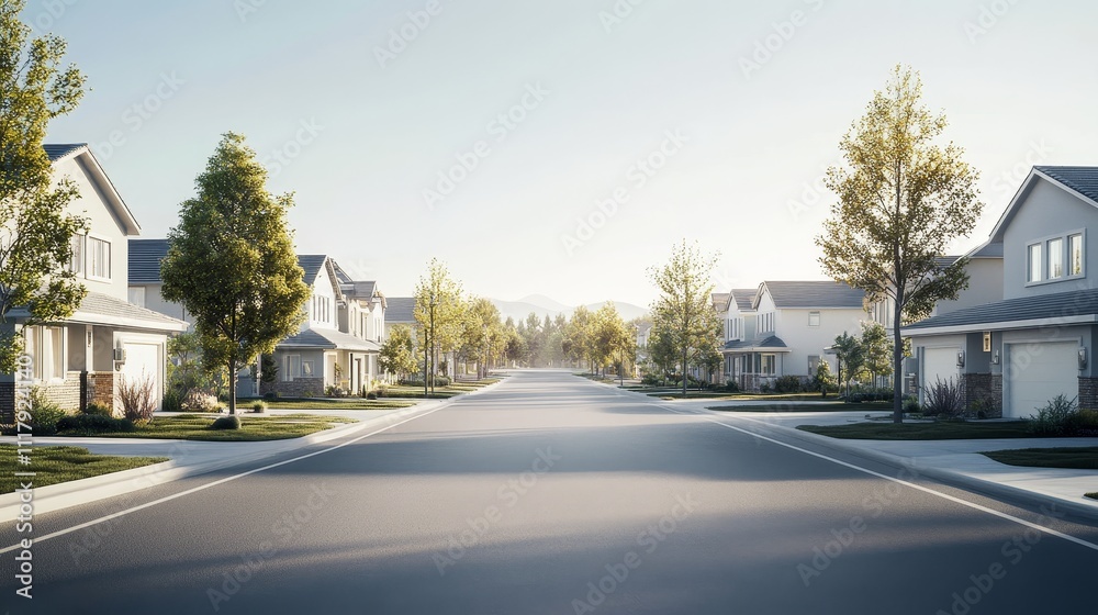A serene suburban street lined with houses and trees, bathed in morning light. A serene suburban street lined with houses and trees, bathed in morning light.