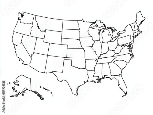 Outline of the United States Map Showing All States in Simplified Form Ideal for Educational Use, Art Projects, and Geographical Representation