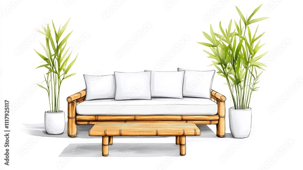 Bamboo Furniture and Natural Textures in Eco-Living Concept with Watercolor Backdrop Bamboo Furniture and Natural Textures in Eco-Living Concept with Watercolor Backdrop