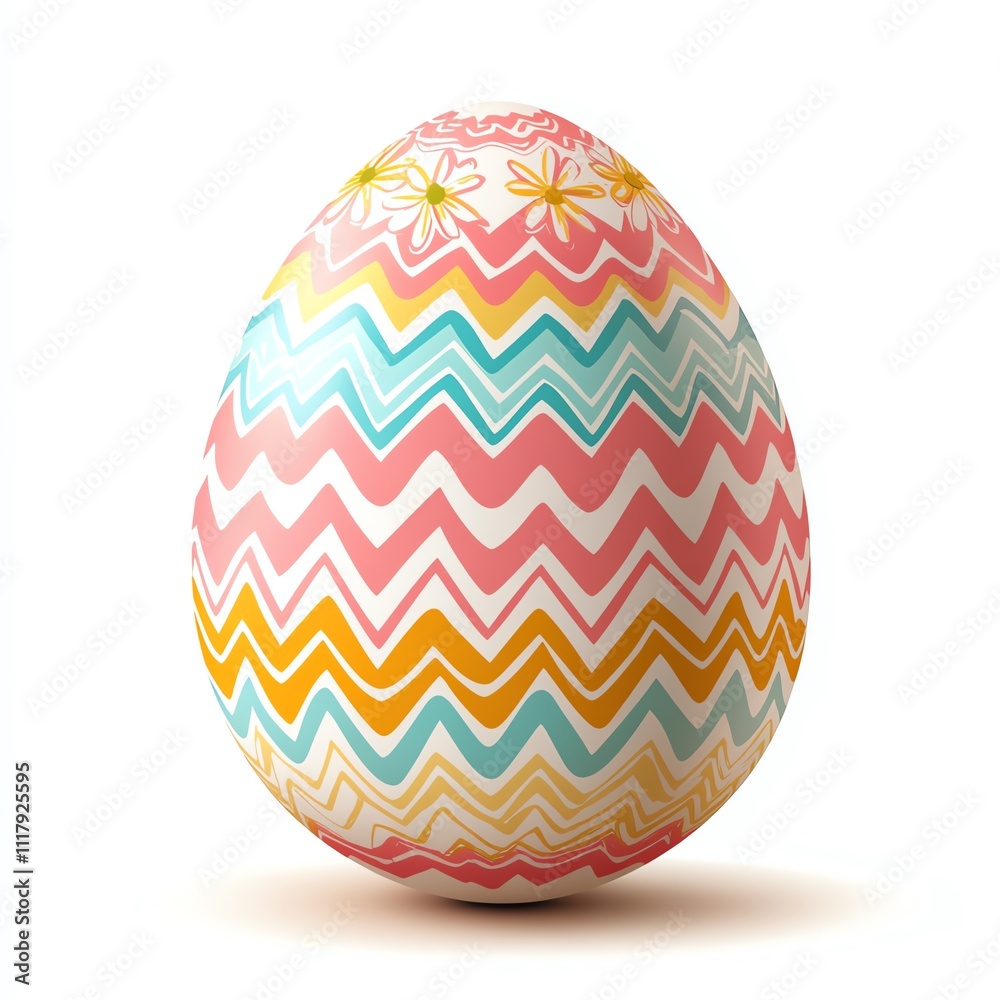 A colorful, patterned Easter egg with zigzag designs in pastel shades of pink, blue, yellow, and white, symbolizing spring festivities. A colorful, patterned Easter egg with zigzag designs in pastel shades of pink, blue, yellow, and white, symbolizing spring festivities.