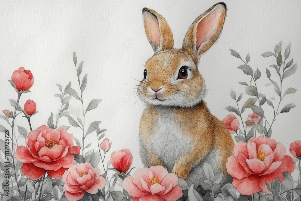 Fototapeta premium A charming rabbit amidst vibrant pink flowers, showcasing nature's beauty.