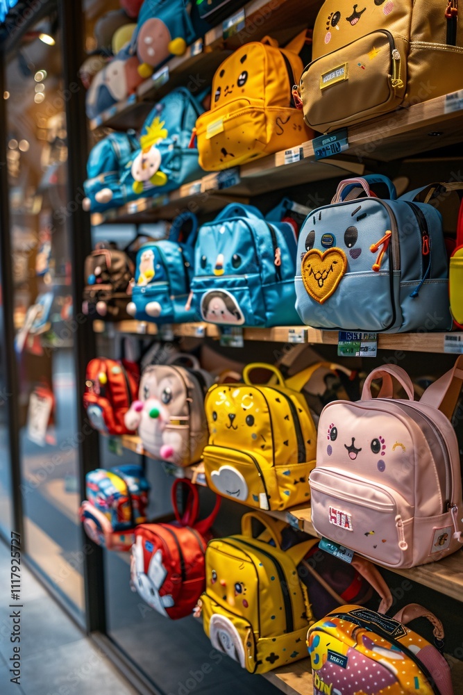 Fototapeta premium A vibrant display of cute backpacks fills a retail wall, featuring diverse characters, patterns, and colors. The scene captures the essence of playful fashion for kids in a shopping environment