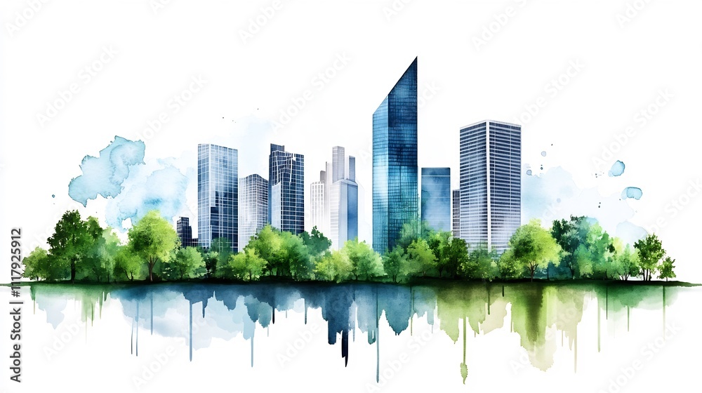 Fototapeta premium Eco-Friendly Watercolor Cityscape with Energy-Efficient Green Architecture