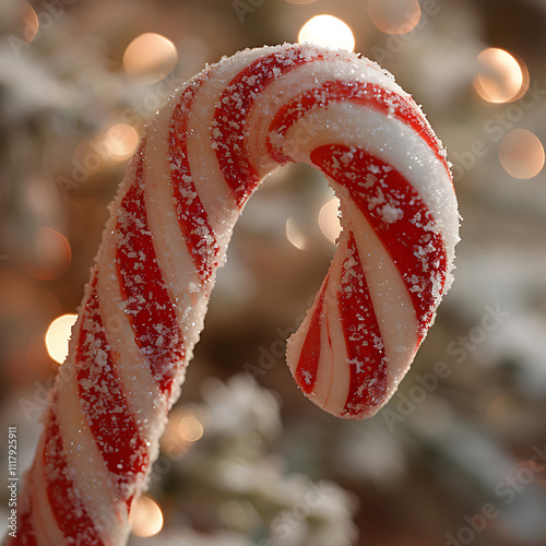 Close-Up of a Frosted Candy Cane with Swirling Red and White Stripes Captured Against a Softly Blurred Background of Holiday Lights and Winter Decor