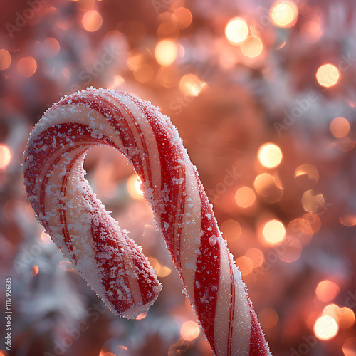 Frosted Red and White Candy Cane Close-Up with Swirling Patterns Against a Soft Holiday Background of Warm Bokeh Lights