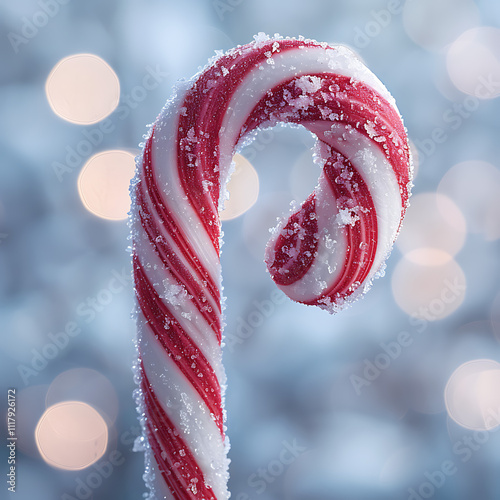 Close-Up of a Frosted Candy Cane with Swirling Red and White Stripes, Capturing the Essence of Holiday Cheer and Festive Treats in a Soft Bokeh Background