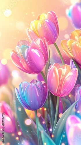 Vibrant multicolored tulips in bloom with soft glowing background