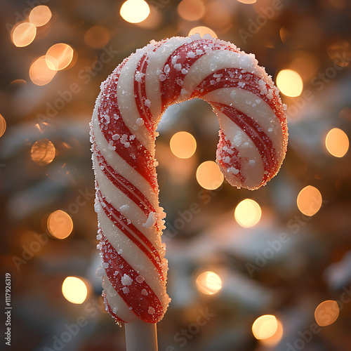 Close-Up of Frosted Candy Cane with Swirling Red and White Stripes Against a Beautifully Blurred Background of Warm Holiday Lights