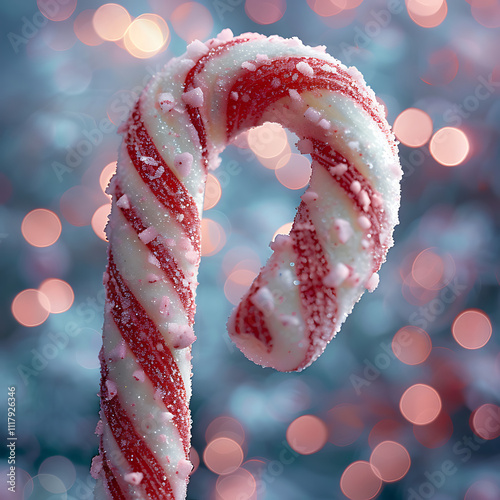 Frosted Candy Cane Close-Up with Swirling Red Stripes Set Against a Softly Blurred Background of Winter Lights and Colors