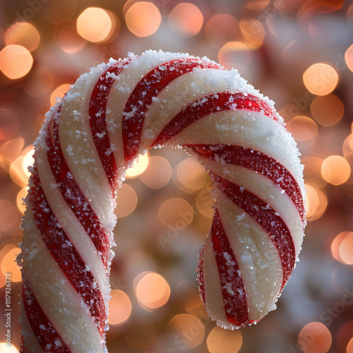 Close-up of a frosted candy cane with swirling red and white stripes, set against a vibrant bokeh background for festive holiday-themed imagery