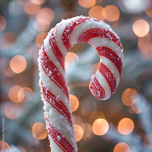 Frosted Candy Cane with Swirling Red Stripes and Bokeh Background for a Festive Holiday Atmosphere