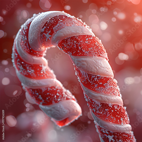 Close-Up of a Frosted Candy Cane with Swirling Red and White Stripes on a Soft Bokeh Background for Winter or Holiday Theme