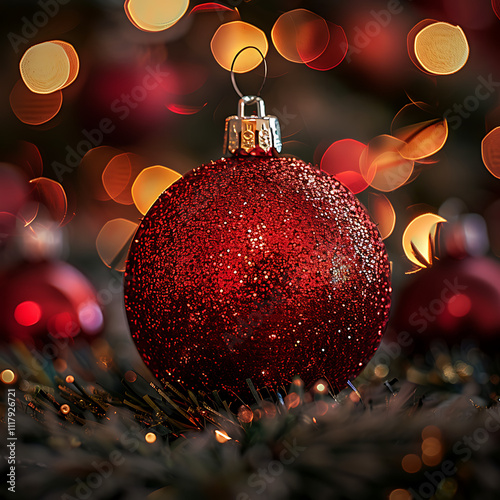 Close-Up of a Sparkling Red Christmas Ornament Surrounded by Soft Bokeh Lights, Perfect for Holiday Decor, Festive Themes, and Seasonal Celebrations