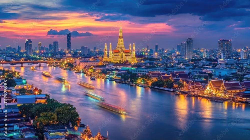 Fototapeta premium Bangkok Temple Cityscape Sunset River Boats