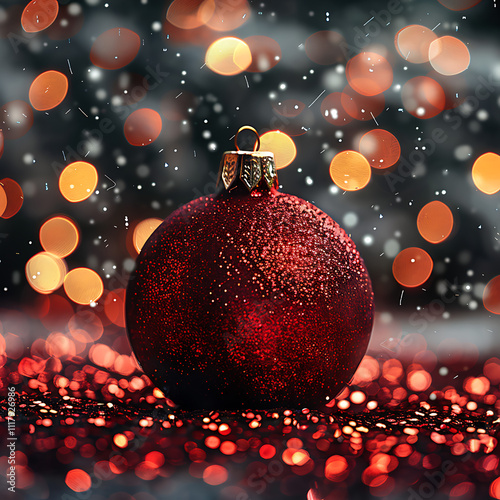 Glittering Red Christmas Ornament Close-Up Against a Blurry Background of Golden Bokeh Lights and Sparkles, Capturing Holiday Spirit and Festive Cheer