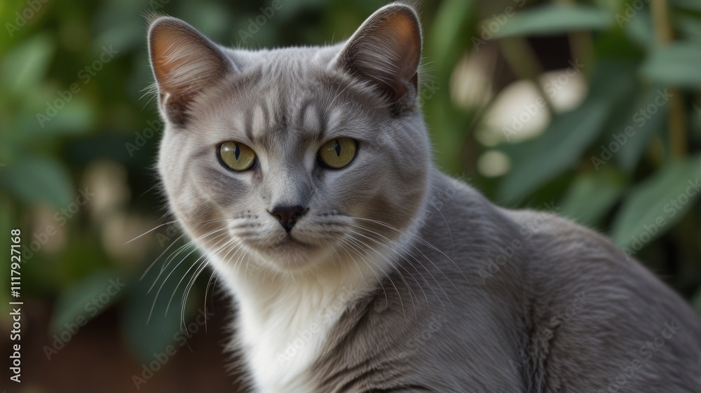 Close-up portrait of a grey and white cat with yellow eyes, outdoors. Close-up portrait of a grey and white cat with yellow eyes, outdoors.