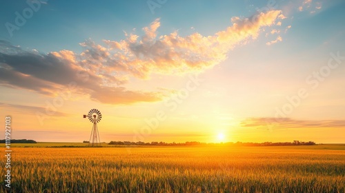 A serene sunset over a golden field, with a windmill silhouetted against the vibrant sky, creating a peaceful rural landscape.