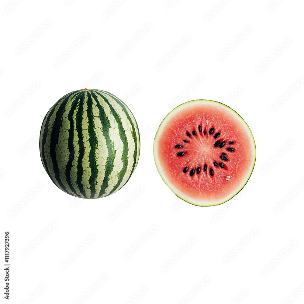transparent PNG Image Of A sliced watermelon with its vibrant red interior and black seeds