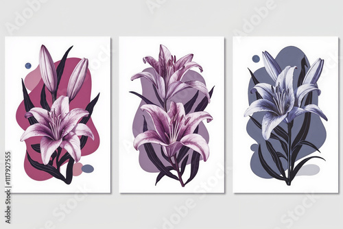 Set of three vertical posters featuring vibrant purple and pink lilies with detailed floral designs and moody, abstract backgrounds. Perfect for posters, packaging, textiles, and digital designs