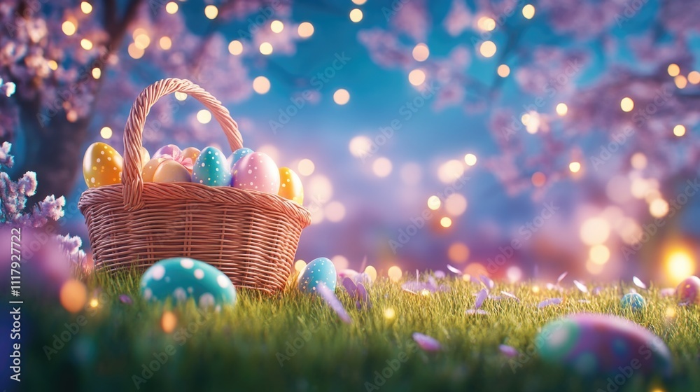 Colorful easter egg basket in lush spring evening landscape. Happy Easter Colorful easter egg basket in lush spring evening landscape. Happy Easter