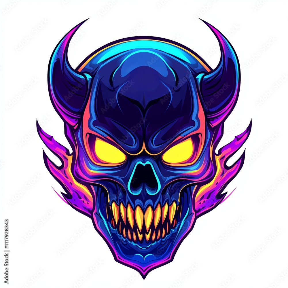 Fototapeta premium A vibrant, neon-colored skull with horns and flames. Detailed illustration of a demonic skull with glowing eyes and sharp teeth.