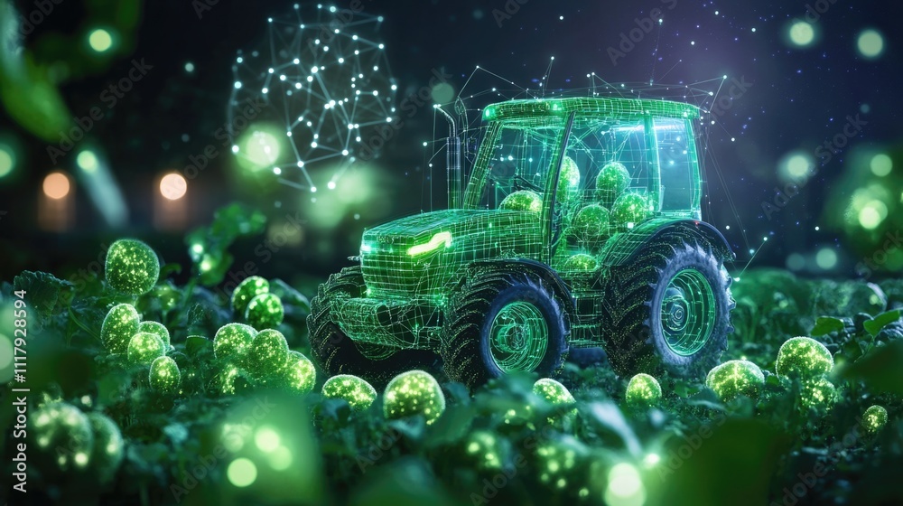 Obraz premium Futuristic digital tractor in neon green field with tech elements