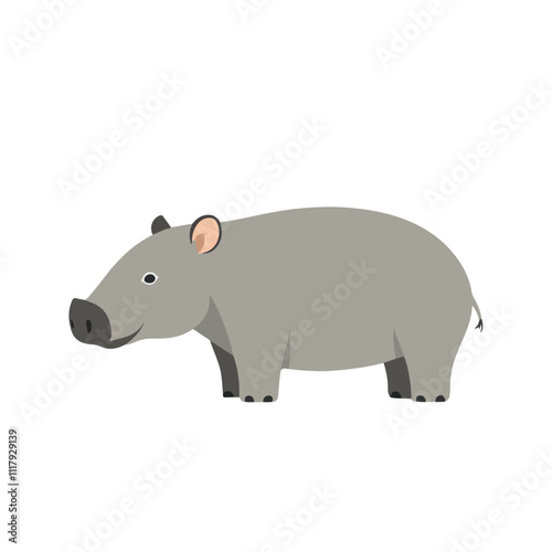 Flat Vector Tapir Illustration, Stylized Cartoon Design with Soft Gray Body and Short Trunk, Minimalist Aesthetic
