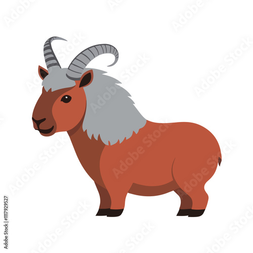 Flat Vector Himalayan Tahr Illustration, Cartoon Design with ReddishBrown Body and Curved Horns, Clean Minimalist Style photo