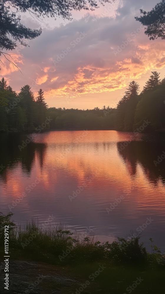 Fototapeta premium Serene Sunset Lake Scene: A tranquil lake reflects the vibrant hues of a breathtaking sunset, surrounded by lush trees and a peaceful ambiance. Capturing the moment where nature's beauty unfolds.