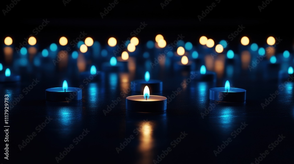 Here's a description and keywords for the image.. Illuminated teal and gold tea light candles on dark reflective surface.