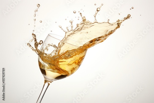 A dramatic moment of white wine splashing, showcasing bright golden tones with droplets reflecting light. The background is crisp white, enhancing the freshness of the wine.