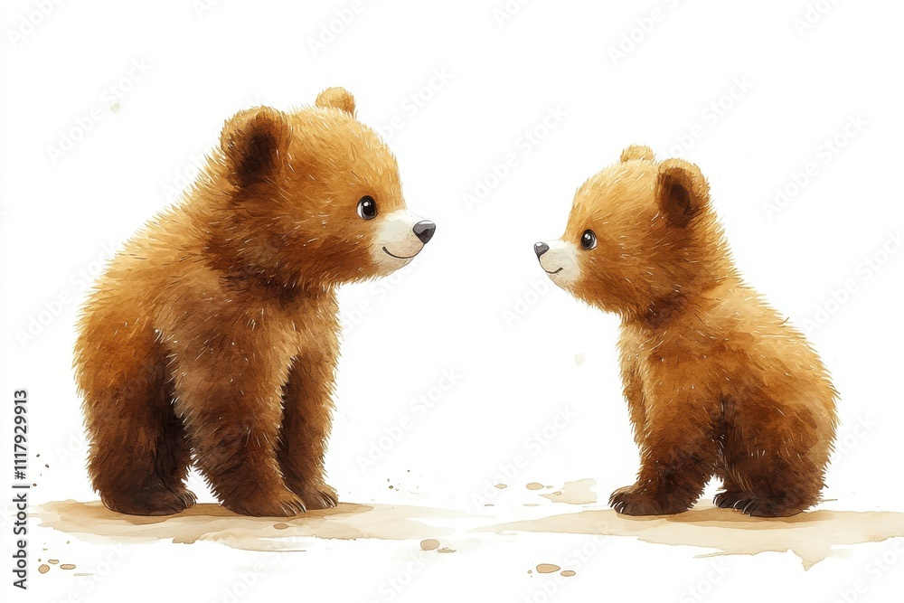 Fototapeta premium Two cute bear cubs facing each other, showcasing innocence and friendship.