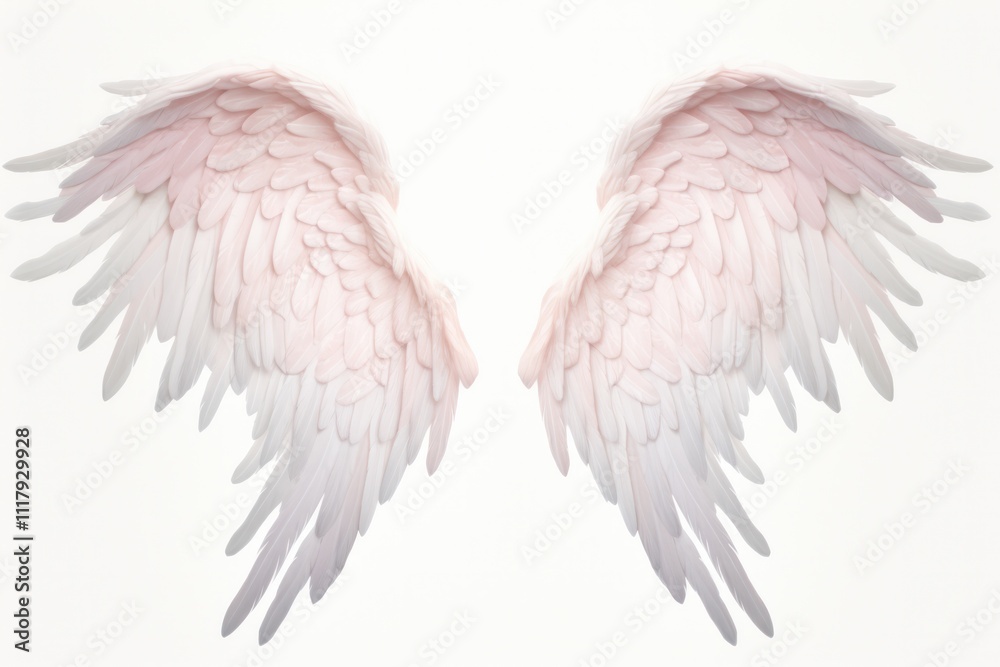 A pair of elegant angel wings, softly feathered and intricately detailed, positioned majestically with a gentle curve. The wings showcase a gradient of white to soft pastel shades A pair of elegant angel wings, softly feathered and intricately detailed, positioned majestically with a gentle curve. The wings showcase a gradient of white to soft pastel shades