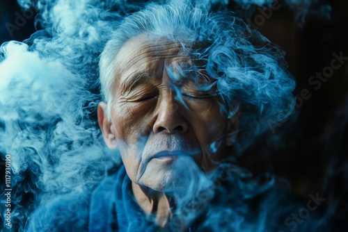 Elderly man in meditative pose surrounded by swirling blue smoke, capturing serenity and calmness photo