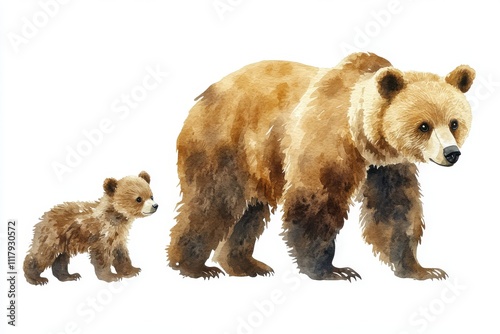 A watercolor illustration of a bear and its cub walking together.