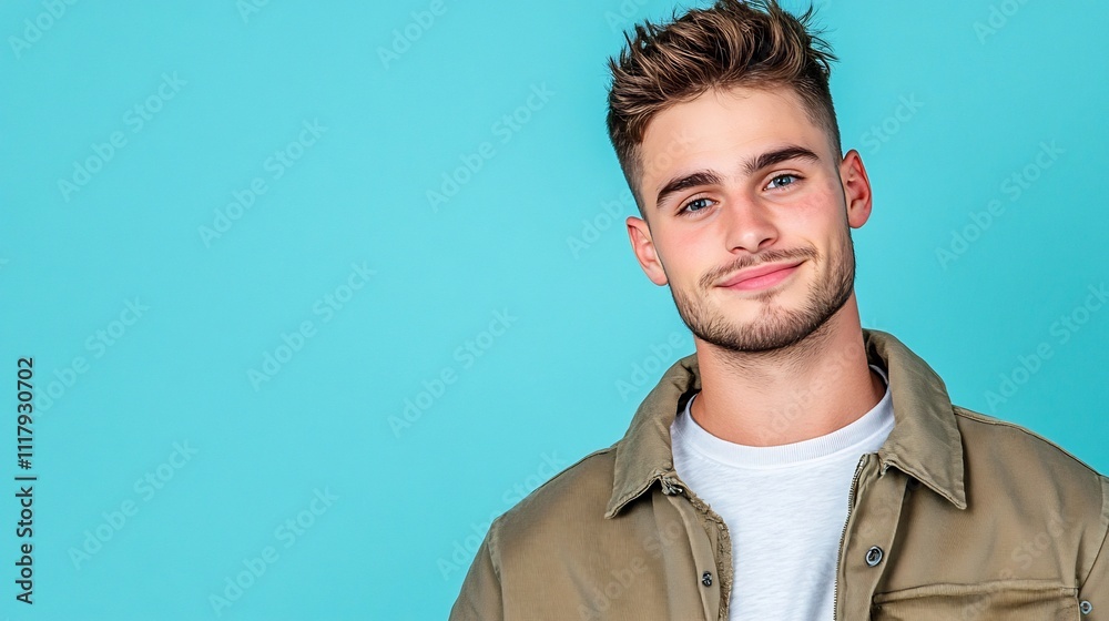 Serious Young Man in Jacket Looking at on Pastel Blue Background Serious Young Man in Jacket Looking at on Pastel Blue Background