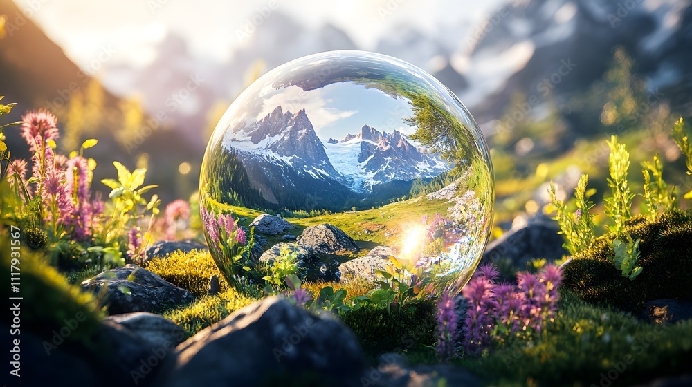 Crystal Mountain Reflection: A crystal ball sits amidst vibrant wildflowers, reflecting a breathtaking mountain vista at sunset. The image evokes a sense of serenity and wonder. Crystal Mountain Reflection: A crystal ball sits amidst vibrant wildflowers, reflecting a breathtaking mountain vista at sunset. The image evokes a sense of serenity and wonder.