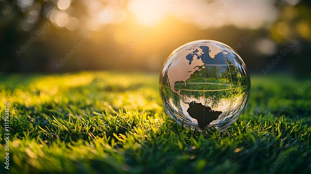Glass Globe Earth in Grass at Sunset: A crystal globe reflecting the setting sun rests on a bed of vibrant green grass, symbolizing a delicate yet resilient Earth, ready for a new beginning. Glass Globe Earth in Grass at Sunset: A crystal globe reflecting the setting sun rests on a bed of vibrant green grass, symbolizing a delicate yet resilient Earth, ready for a new beginning.